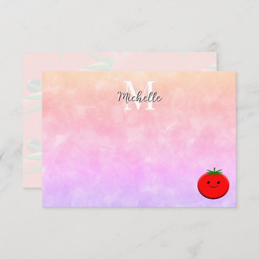 Cute Cartoon Tomato Watercolor Custom Monogram ノートカード (正面/裏面)