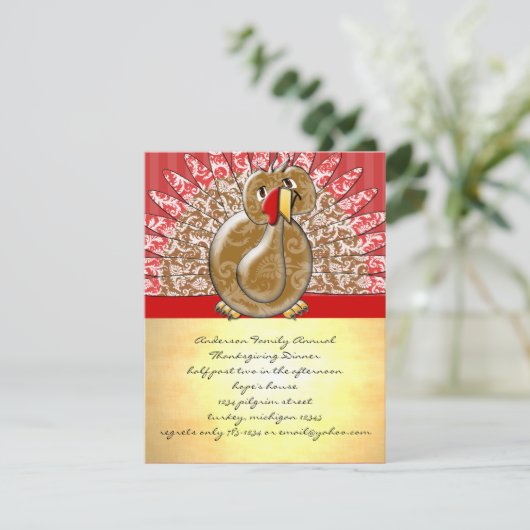 Cute Cartoon Turkey Damask Pattern 招待状 (スタンド正面)