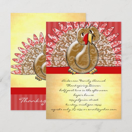 Cute Cartoon Turkey Damask Pattern 招待状 (正面/裏面)