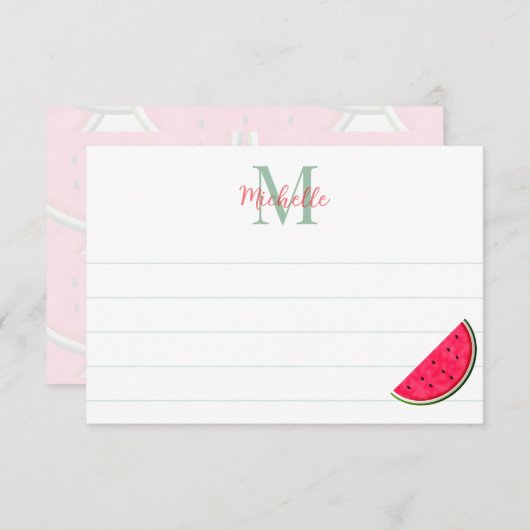Cute Cartoon Watermelon Custom Monogram Lined ノートカード (正面/裏面)