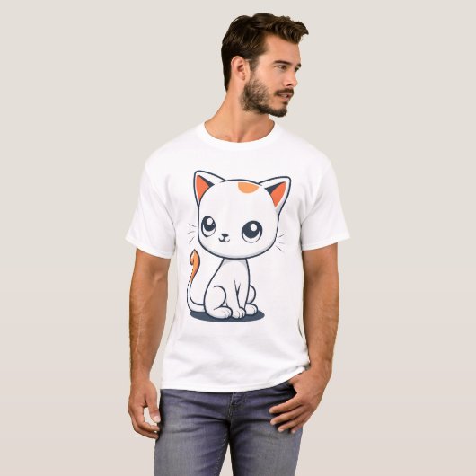 Cute Cartoon White Cat Illustration Tシャツ (正面フル)