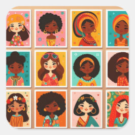 Cute cartoon women of colour sticker スクエアシール