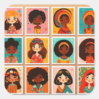 Cute cartoon women of colour sticker スクエアシール