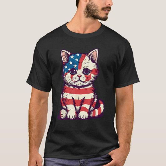 Cute Cat 4th Of July Hat Patriotic American Flag P Tシャツ (正面)