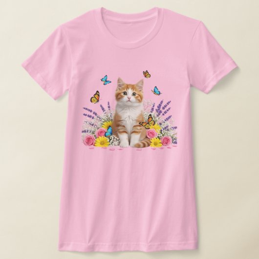 Cute Cat and Butterfly Floral T-Shirt Tシャツ (レイダウン)