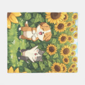 Cute Cat and Dog Sunflower Fleece Blanket フリースブランケット (正面(横))