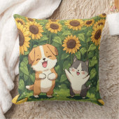 Cute Cat and Dog Sunflower Throw Pillow クッション (ブランケット)