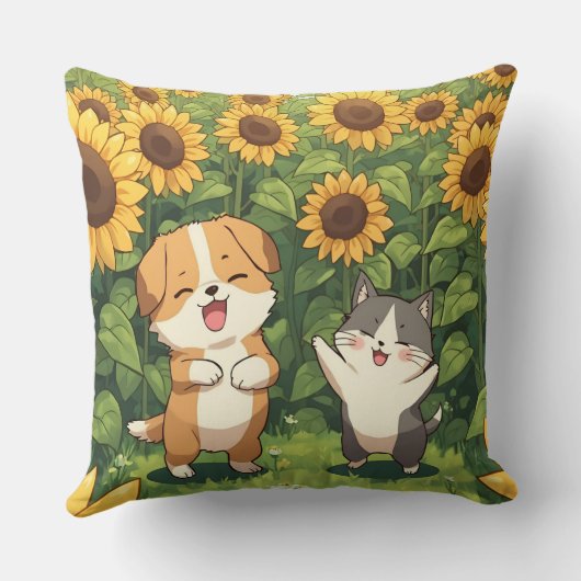 Cute Cat and Dog Sunflower Throw Pillow クッション (裏面)