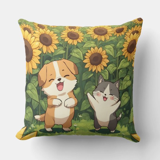 Cute Cat and Dog Sunflower Throw Pillow クッション (正面)