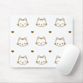 Cute Cat and Heart Pattern Brown on White マウスパッド (マウス)