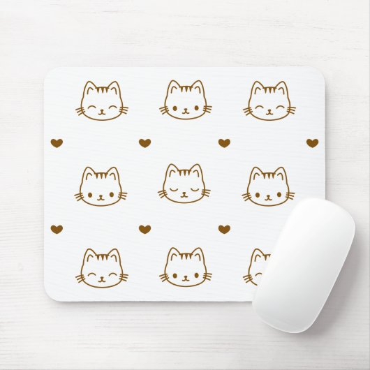 Cute Cat and Heart Pattern Brown on White マウスパッド (マウス)