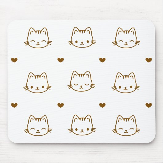 Cute Cat and Heart Pattern Brown on White マウスパッド (正面)
