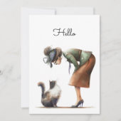 Cute Cat and Lady Whimsical Hello Flat カード (正面)