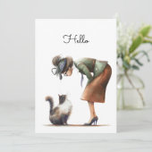 Cute Cat and Lady Whimsical Hello Flat カード (スタンド正面)