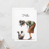 Cute Cat and Lady Whimsical Hello Flat カード (正面/裏面インサイチュ)