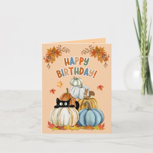 Cute Cat and Pumpkins Fall/Halloween Birthday シーズンカード (正面)