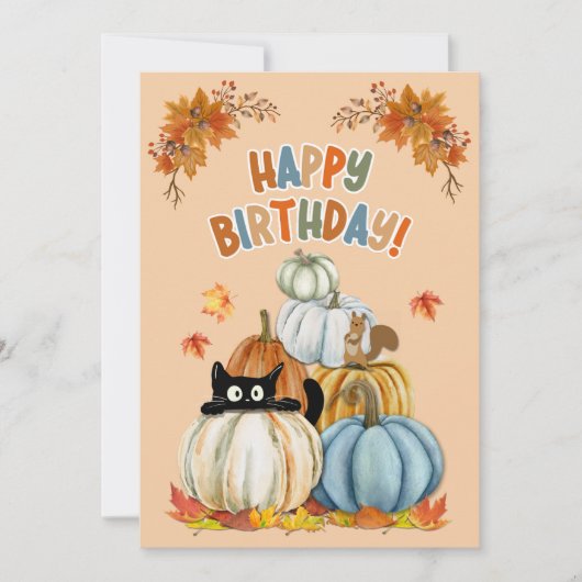 Cute Cat and Retro Pumpkins Fall Birthday シーズンカード (正面)