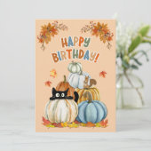 Cute Cat and Retro Pumpkins Fall Birthday シーズンカード (スタンド正面)