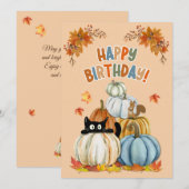 Cute Cat and Retro Pumpkins Fall Birthday シーズンカード (正面/裏面)