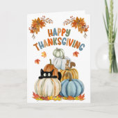 Cute Cat and Retro Pumpkins Happy Thanksgiving  カード (正面)
