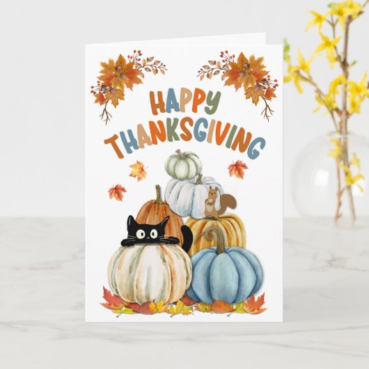 Cute Cat and Retro Pumpkins Happy Thanksgiving  カード (黄色い花)