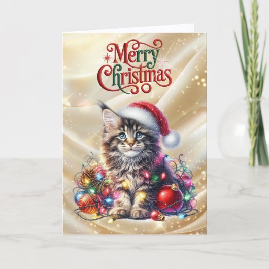 Cute Cat and String Lights Christmas シーズンカード (正面)
