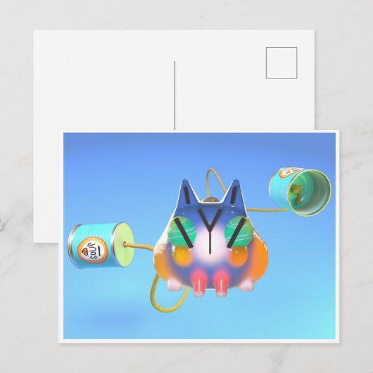 Cute cat and tin can telephone made from soup cans ポストカード (正面/裏面)