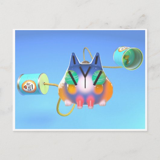 Cute cat and tin can telephone made from soup cans ポストカード (正面)