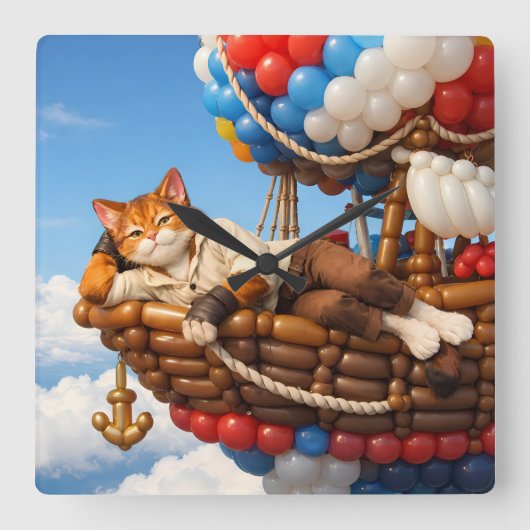Cute Cat Balloon Kids Room Wall Clock Decor スクエア壁時計 (正面)