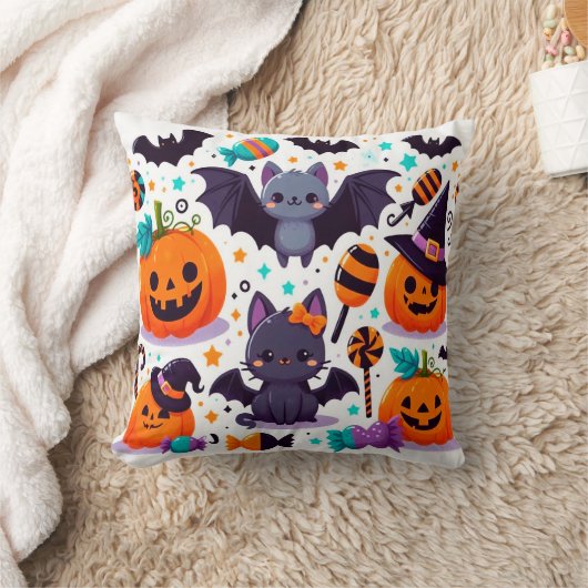 Cute cat bat halloween party クッション (ブランケット)