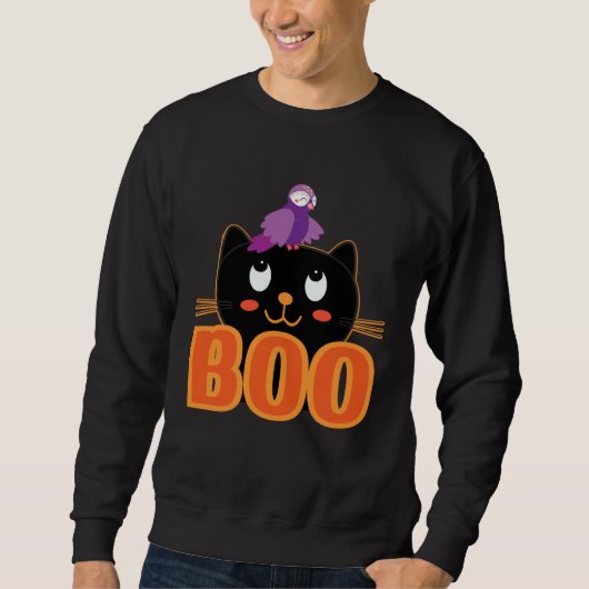 Cute Cat Bird Boo Halloween Cats Love Halloween スウェットシャツ (正面)
