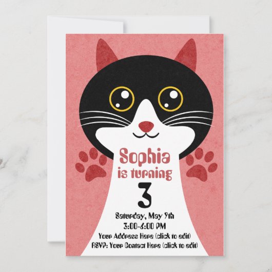 Cute Cat Birthday Invitation (Girl) – Editable  招待状 (正面)