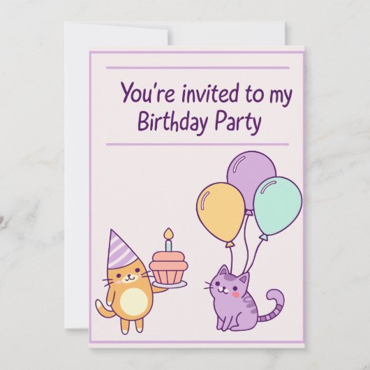 Cute Cat Birthday Party Invitation for kids 招待状 (正面)
