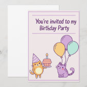 Cute Cat Birthday Party Invitation for kids 招待状 (正面/裏面)