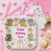 Cute Cat Birthday Party Plate with Custom Name ペーパープレート (パーティー)