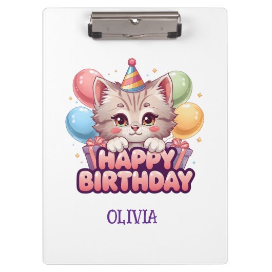 Cute Cat Birthday Personalized Girl's クリップボード (正面)