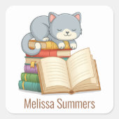 Cute Cat Book Stack Custom Name Bookplate スクエアシール (正面)