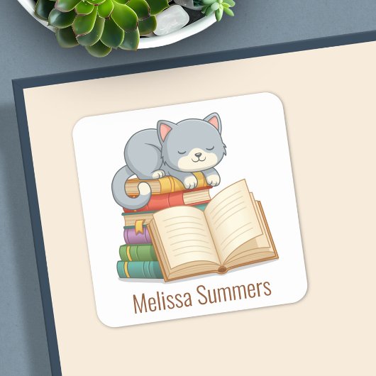 Cute Cat Book Stack Custom Name Bookplate スクエアシール