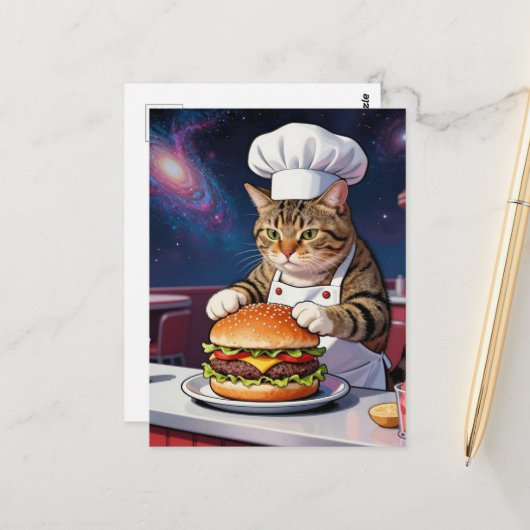 Cute Cat Chef Making CheeseBurger in Space Diner ポストカード (正面/裏面インサイチュ)