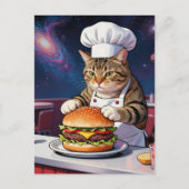 Cute Cat Chef Making CheeseBurger in Space Diner ポストカード (正面)