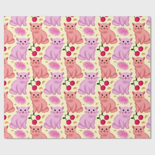 Cute Cat Cherry Floral Pattern | Kawaii Kitty  ラッピングペーパー (フラット)