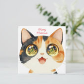 Cute Cat Christmas gazing at tree lights シーズンカード (スタンド正面)