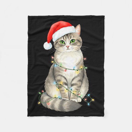 Cute Cat Christmas Lights Santa Hat Snow Holiday A フリースブランケット (正面)