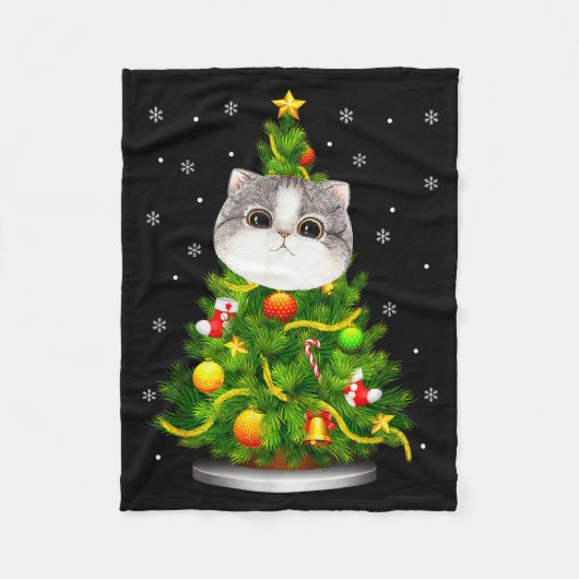 Cute Cat Christmas Tree Holiday Cat Lovers Xmas Wo フリースブランケット (正面)