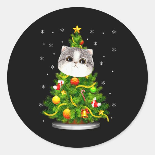 Cute Cat Christmas Tree Holiday Cat Lovers Xmas Wo ラウンドシール (正面)