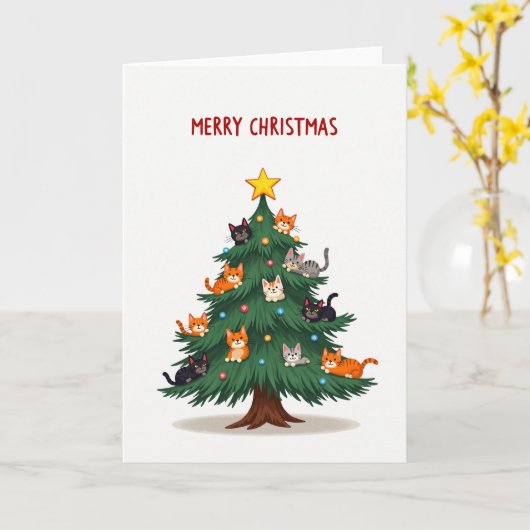 Cute Cat Christmas Tree Merry Holiday Card カード (黄色い花)