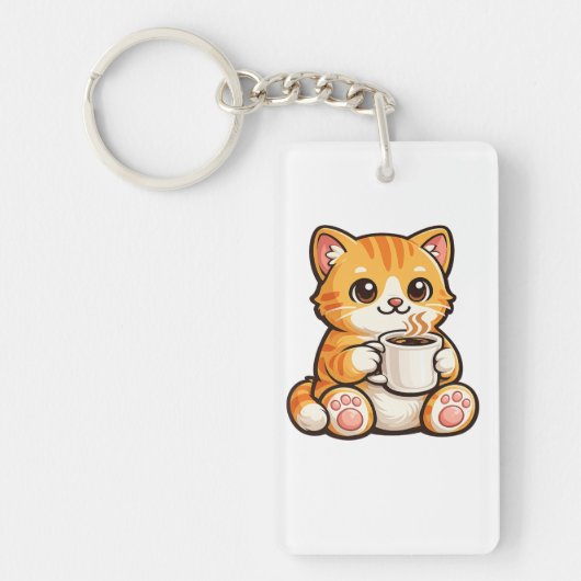 Cute Cat Coffee – Cozy Orange Cat Drinking Coffee  キーホルダー (正面)