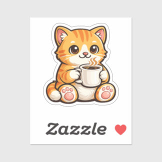 Cute Cat Coffee – Cozy Orange Cat Drinking Coffee  シール