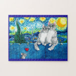 Cute cat couple, mouse Starry Night jigsaw puzzle ジグソーパズル<br><div class="desc">This image is available on other items in my shop.  Great for kids or adults.  Change the background color if you'd like.</div>