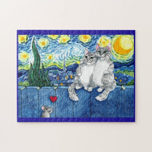 Cute cat couple, mouse Starry Night jigsaw puzzle ジグソーパズル (横)